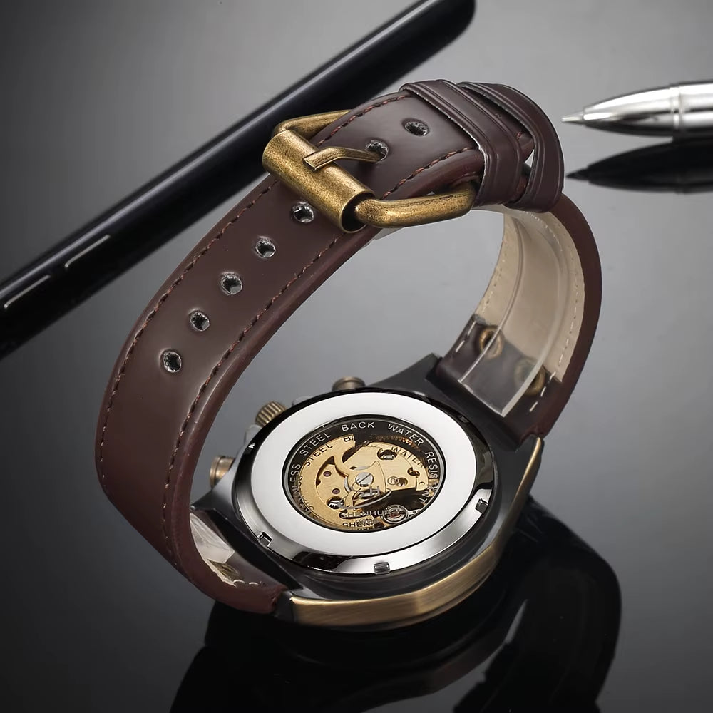 Vintage Automatic Mechanical Watch Men Steampunk Skeleton Self Winding Watch Retro Leather Wristwatch Male Clock Montre Homme