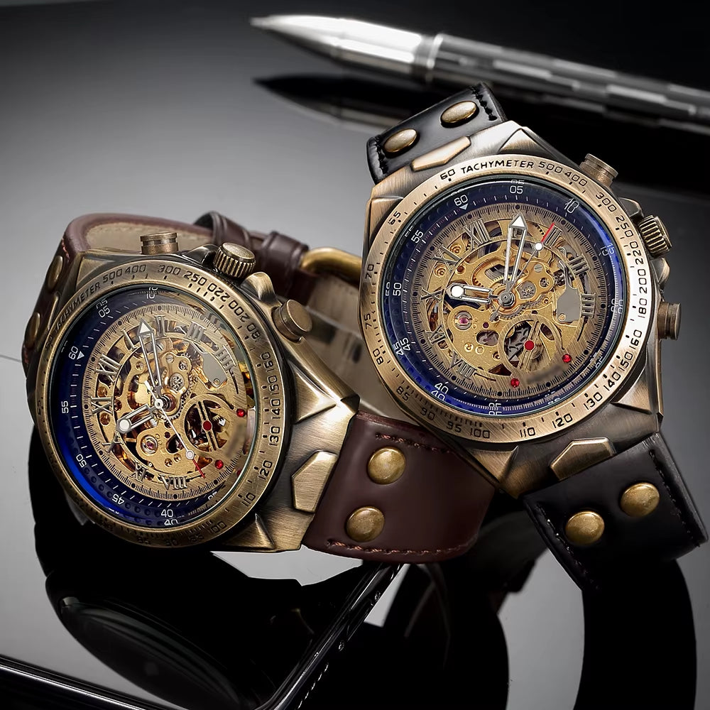 Vintage Automatic Mechanical Watch Men Steampunk Skeleton Self Winding Watch Retro Leather Wristwatch Male Clock Montre Homme