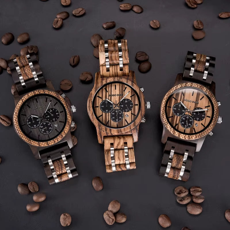 Wood Watches Mens Top Luxury Brand Мужские Часы Stop Watch Quartz Montre Homme Casual Complete Calendar in Gift Box