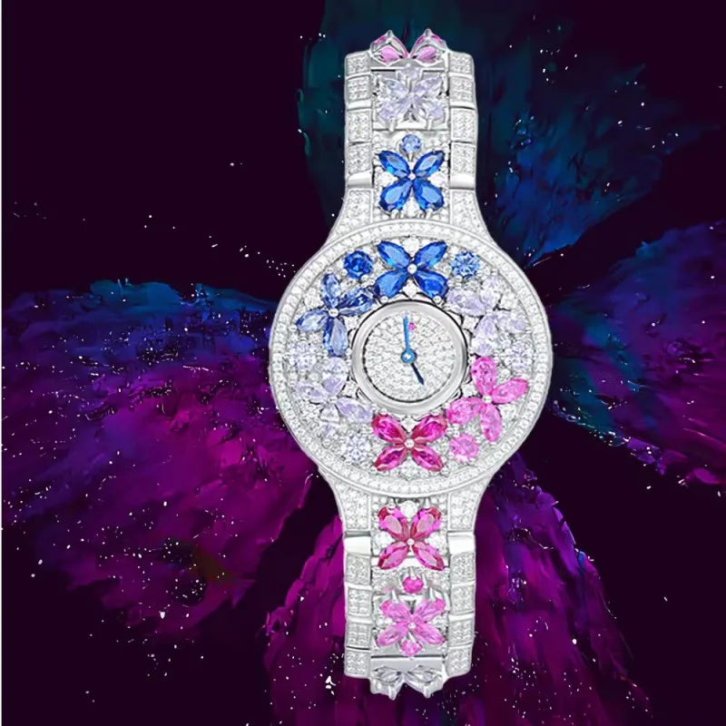Luxury Brand Woman Watch Full Diamond Colorful Stones Watches Ladies 925 Silver Brcalaet Elegant Montre Femme Watch for Women