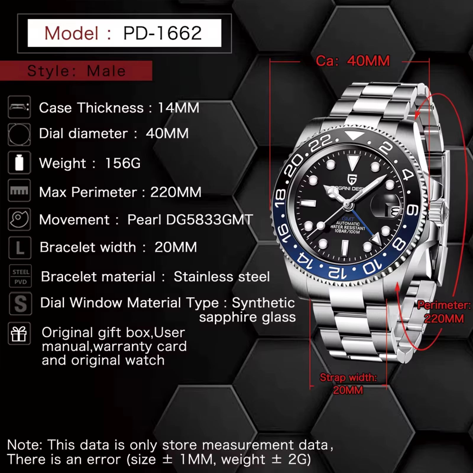 Montre Homme Pagani Design 1662 Waterproof Men Automatic Wrist Watch Luxury Brand Mechanical GMT Watches