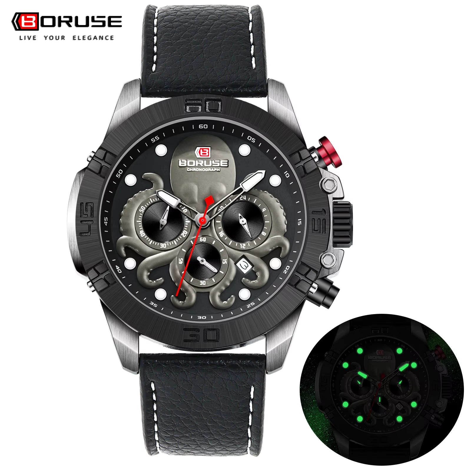 Mens Fashion Octopuses Waterproof Quartz Watches Luxury Men Leather Watch Luminous Male Sports Clock Montre Homme