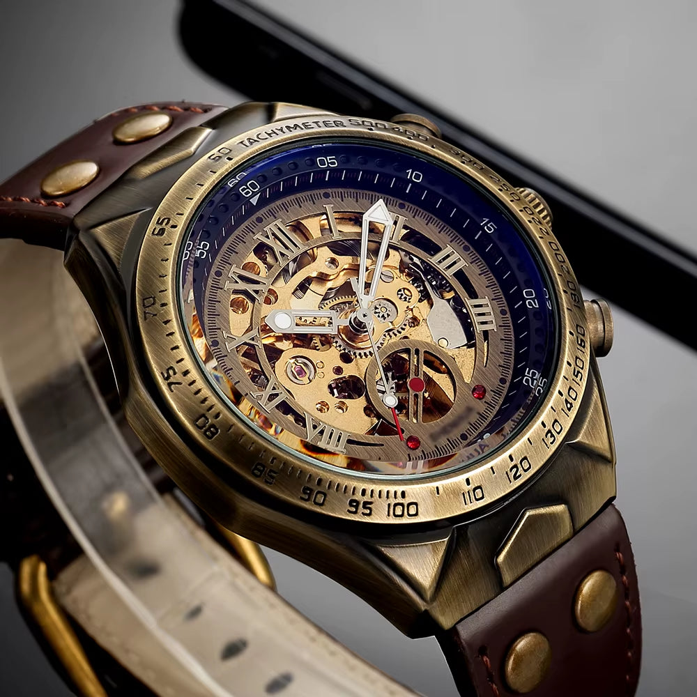 Vintage Automatic Mechanical Watch Men Steampunk Skeleton Self Winding Watch Retro Leather Wristwatch Male Clock Montre Homme