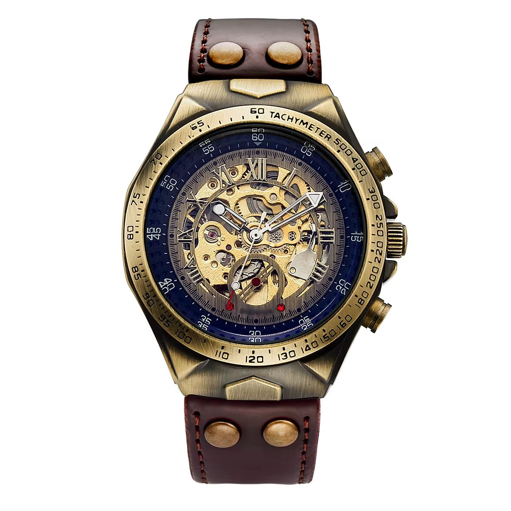 Vintage Automatic Mechanical Watch Men Steampunk Skeleton Self Winding Watch Retro Leather Wristwatch Male Clock Montre Homme