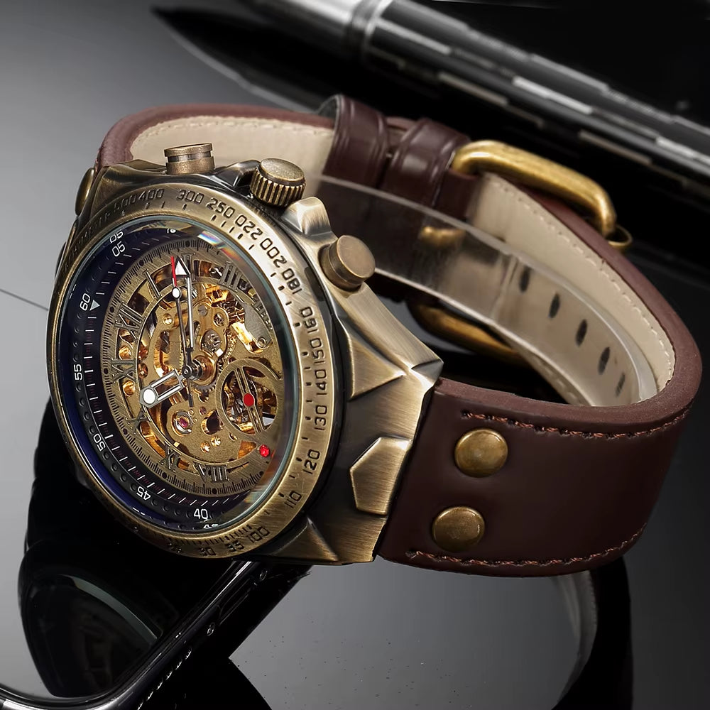 Vintage Automatic Mechanical Watch Men Steampunk Skeleton Self Winding Watch Retro Leather Wristwatch Male Clock Montre Homme